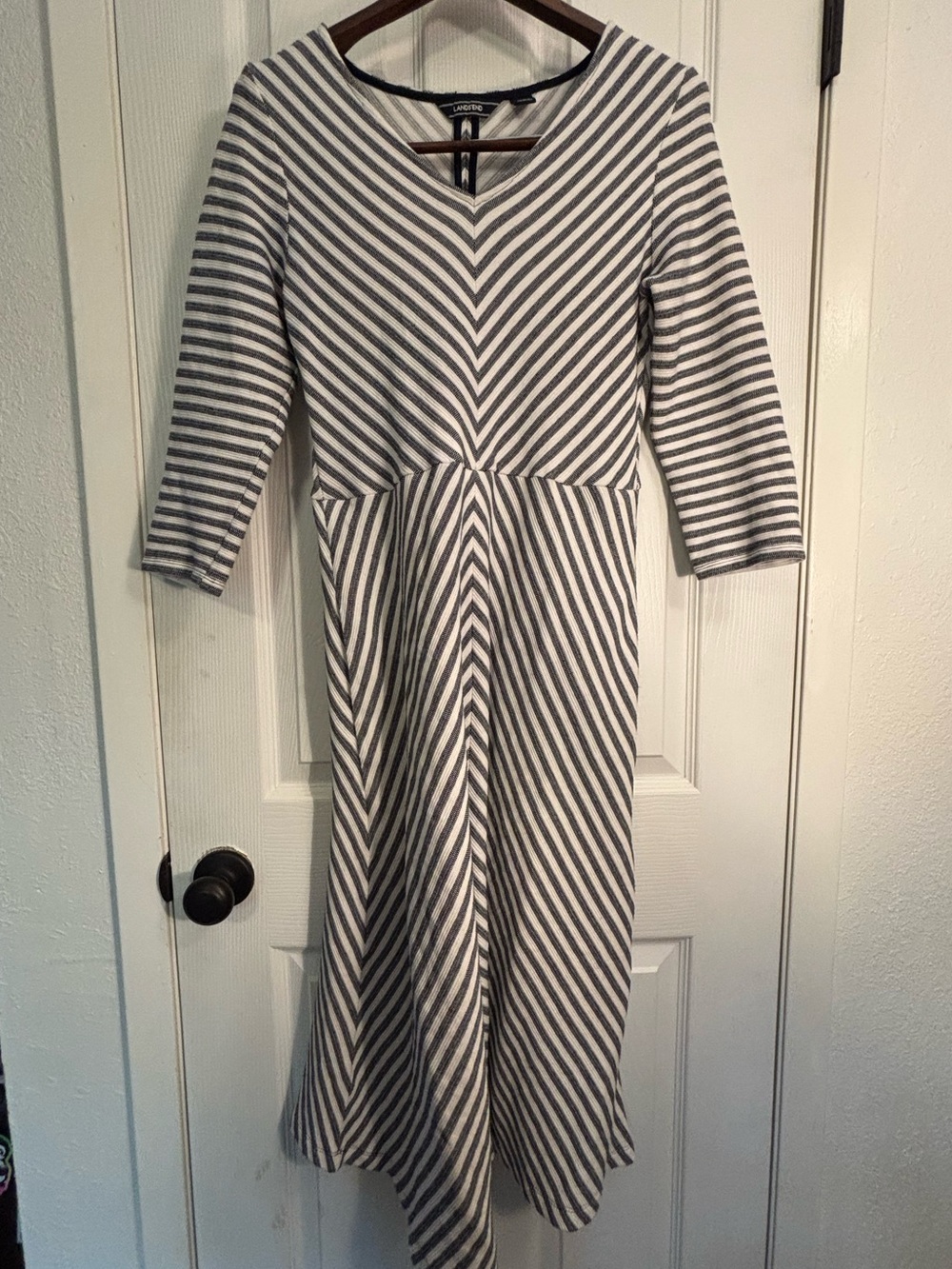 Lands' End V-Neck A-Line Striped Dress in White and Gray